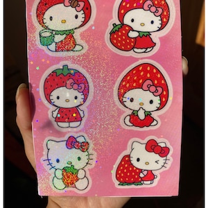 Pink Kitty Kawaii Sticker Sheet, Strawberry Pink Kitty Scrapbook Sticker Sheet, Transparent Holographic Vinyl Sticker Sheet 6 pcs