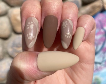 20 pc Press on nails handmade gel reusable matte brown tan animal print paw prints almond shaped medium length nails