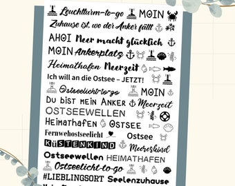 DIN A4 - Tattoofolie /Wasserschiebefolie - Nordsee / Ostsee / Maritimer Mix 1+2 / Anker / Nordlicht-Mix - Schrift & Motive Set 1-für Kerzen