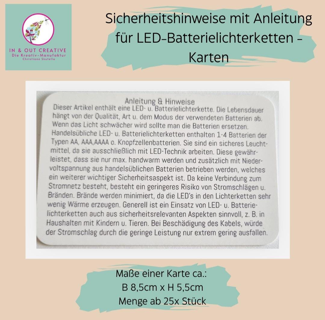 Sicherheitshinweise mit Anleitung für LED-Batterielichterketten - Karten - Thema GPSR - Produktsicherheitsverordnung