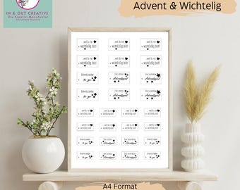 Könnte beinhalten: Druckbare PDF-Seite mit 24 schwarzen und weißen Geschenkanhängern für Advent und Wichtel. Die Anhänger zeigen verschiedene Designs, darunter Herzen, Sterne und den Text "wichitfelig bist!" und "Adventsgoil".
