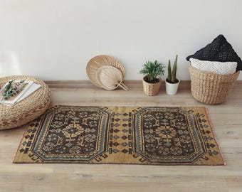 Handmade Wool Rug, Turkish Mini Rug, Vintage Mini Rug, Oushak Mini Rug, Mini Rug, Door Mat Rug, 2x4 Natural Rug,2x4 Rug, Wool Door Mat, 241