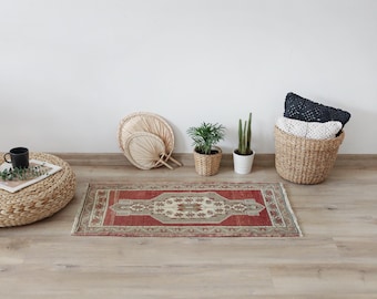 Vintage Turkish Oushak Rug, 2x3 Small Wool Anatolian Rug, Door Mat