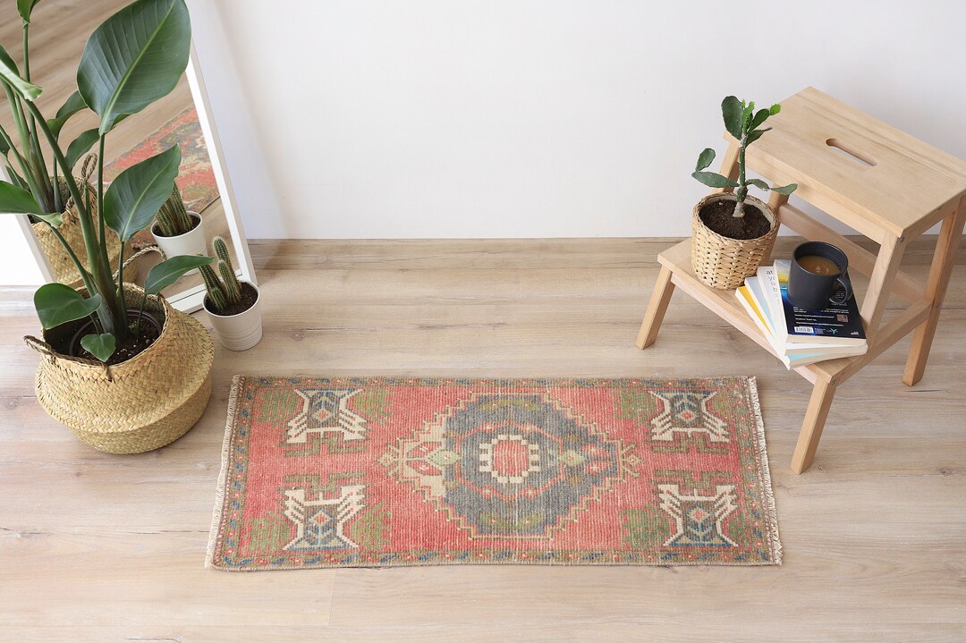 Door Mat Vintage, Door Mat Turkish, Door Mat Oushak, 1x3 Turkish Rug