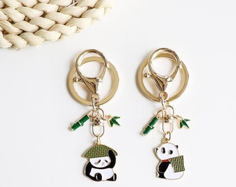 Adorable Panda with Bamboo Hate & Bag Keychain, Cute Asian Culture Chinese Style Accessory, Hand Painted Charm, Unique Bag Pendant for Her