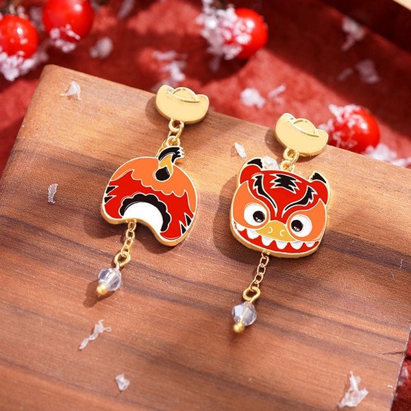 Unique Chinese Zodiac Tiger Mismatched Earrings, Cute Lunar New Year Jewelry, Stunning Dangle Silver Accessories, Asian Style Gift for Her
