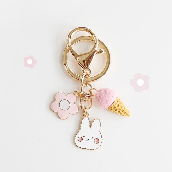 Cute Bunny with Flower & Ice Cream Keychain, Japanese Sakura Fluffy Accessory, Rabbit Lover Gift, Unique Bag Pendant for Her, Friend, Mother