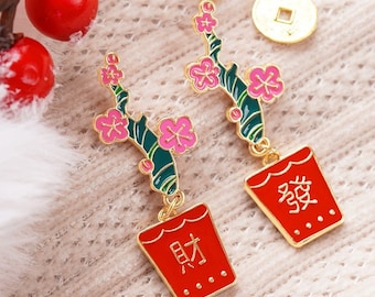 Chinese New Year Earrings, Unique Cactus Potted Plant Design, Cute Sakura Flower Jewelry, Asian Culture Wealth Prosperity Meaningful Gift
