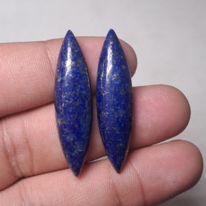 Könnte beinhalten: Zwei polierte, längliche Lapislazuli-Edelsteine. Die Steine sind tiefblau mit Goldflecken und werden in einer Hand vor einem neutralen Hintergrund gehalten. Die Edelsteine haben eine glatte, glänzende Oberfläche und eine spitze Form.
