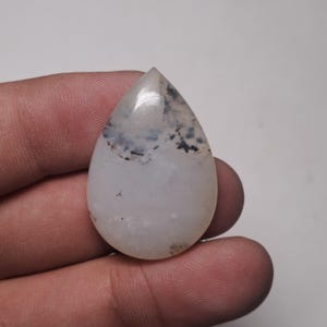 Puede incluir: Una gema en forma de lágrima con una superficie pulida. La piedra es principalmente blanca con inclusiones grises y negras. La gema es lisa y tiene un ligero brillo, lo que sugiere que ha sido pulida para joyería o exhibición.