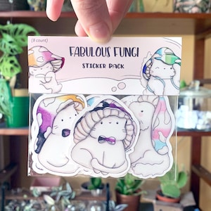 Pack d'autocollants en vinyle Fabulous Fungi | Lot de 8 autocollants en vinyle faits main | Pack d'autocollants chat Fierté | Pack d'autocollants chat champignon | Stickers chat