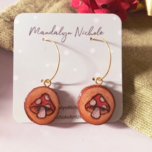 Red Mushroom Earrings | Toadstool Earrings | Cottagecore Earrings | Wood Slice Earrings | Gold Hoop Earrings | Cottagecore Jewellery
