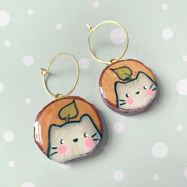 Spring Cat Earrings | Cat Sapling Earrings | Green Cat Earrings | Cute Cat Earrings | Wooden Earrings | Gold Hoop Earrings