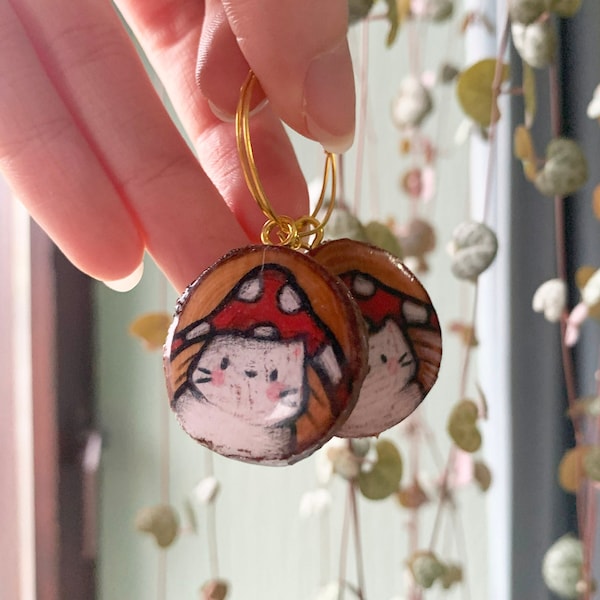 Mushroom Cat Earrings | Red Toadstool Cat Earrings | Wooden Cat Earrings | White Cat Earrings | Gold Hoop Earrings