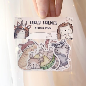 Furest Friends Vinyl Sticker Pack | Set of 8 Handmade Vinyl Stickers | Woodland Creature Sticker Pack | Cat Sticker Pack | Cat Stickers