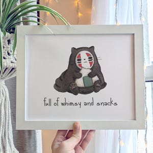 Pełen fantazji i przekąsek, Meow Face Moncher, akwarelowy wydruk artystyczny 8x10"