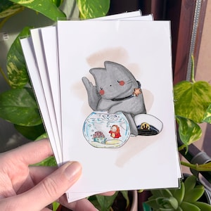 Pawnyo / Impresión artística de gato / Ponyo Cat / Impresión artística de anime / Impresión artística pequeña de 4x6 / Arte de fan de Studio Ghibli / Meowazaki Mews