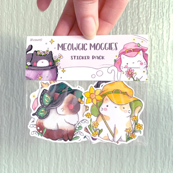 Meowgic Moggies Vinyl Sticker Pack | Set of 8 Handmade Vinyl Stickers | Witch Cat Sticker Pack | Moggy Sticker Pack | Fairy Cat Sticker