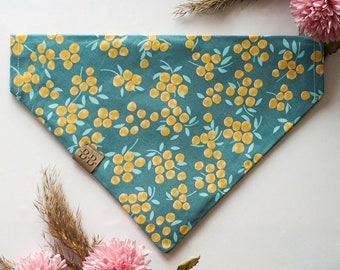 Spring Summer berry dog bandana// fruit berry bandana for pets, floral bandana for dog ,Green dog bandana with yellow fruits "Sea Bucktorn"