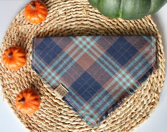 Blue Autumn Plaid Dog Bandana "THE RAINFALL"// blue, brown plaid frayed flannel dog bandana, cosy dog bandana for autumn and winter