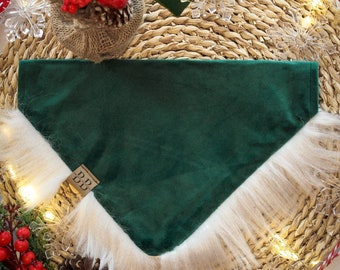 Green Velvet, White fluffy trim Christmas Dog Bandana "SANTA CLAUS is coming to town"// cute christmas bandana for pets, santa's beard dog