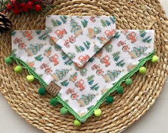 Christmas Trucks Holiday Dog Bandana// christmas tree bandana for dogs, festive holiday pet bandanas, cute christmas dog bandana with pompom