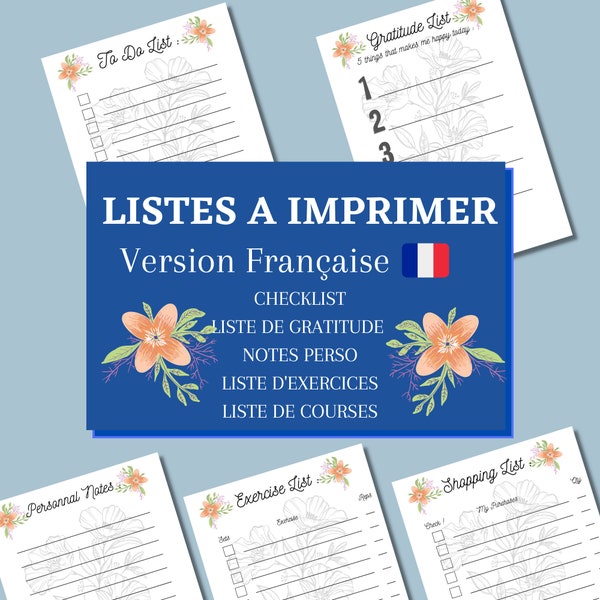 Journal Listes DIY à imprimer FR Collection fleurs Checklist, liste de courses, liste d'exercices, liste de gratitude et notes personnelles