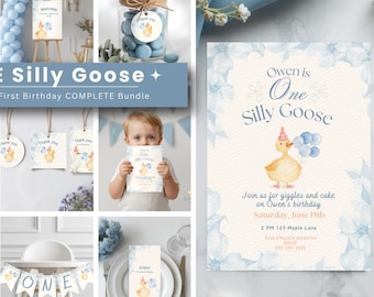 Silly Goose First Birthday Party Bundle, Blue Boy Theme, Editable Canva Baby Invite (Digital Download)