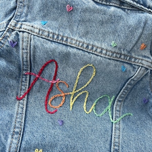 Custom hand embroidered hand lettered denim jacket toddler, kid and adult sizes image 8