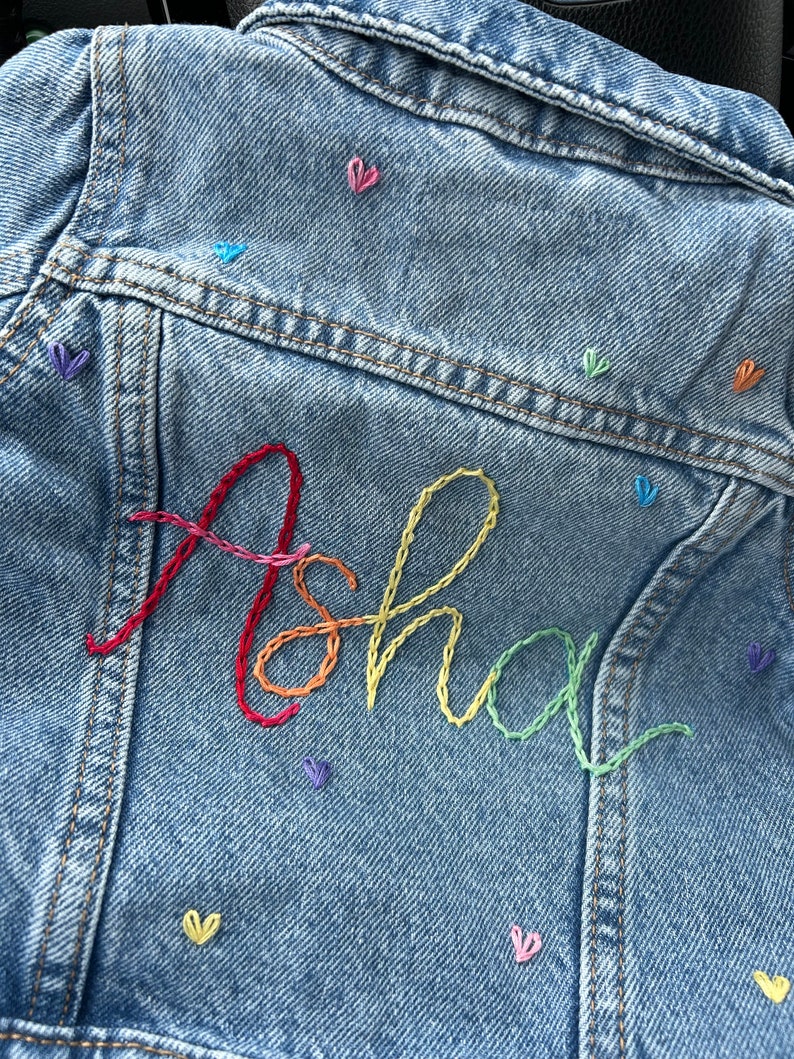 Custom hand embroidered hand lettered denim jacket toddler, kid and adult sizes image 8