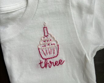 Hand embroidered birthday t shirt, first birthday,cupcake tee