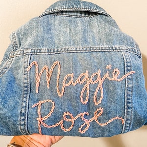 Custom hand embroidered hand lettered denim jacket toddler, kid and adult sizes image 1