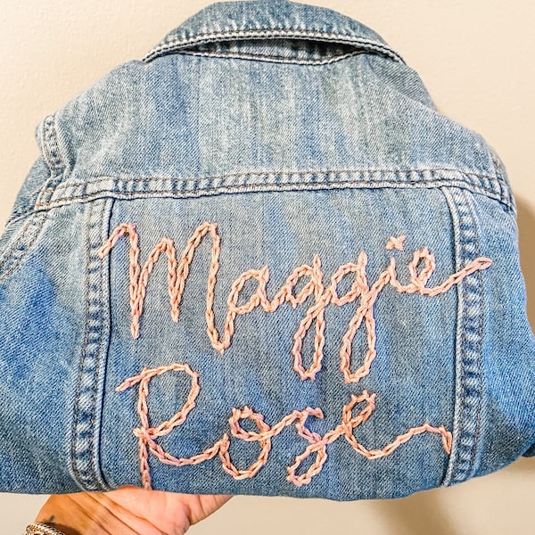 Custom hand embroidered + hand lettered denim jacket toddler, kid and adult sizes