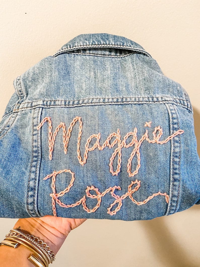 Custom hand embroidered hand lettered denim jacket toddler, kid and adult sizes image 1