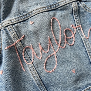 Custom hand embroidered hand lettered denim jacket toddler, kid and adult sizes image 2