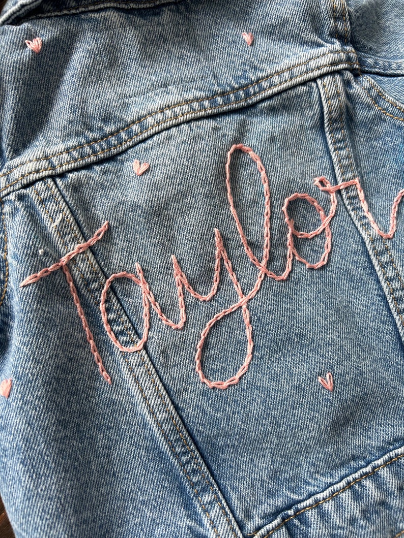 Custom hand embroidered hand lettered denim jacket toddler, kid and adult sizes image 2