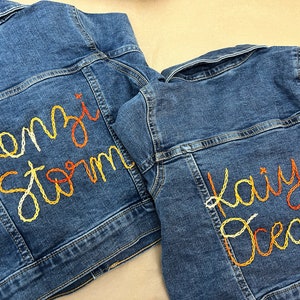 Custom hand embroidered hand lettered denim jacket toddler, kid and adult sizes image 5