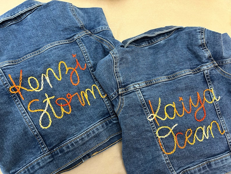 Custom hand embroidered hand lettered denim jacket toddler, kid and adult sizes image 5