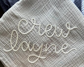 Hand embroidered muslin name throw blanket 50x60 in