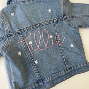 Custom hand embroidered hand lettered denim jacket toddler, kid and adult sizes image 4