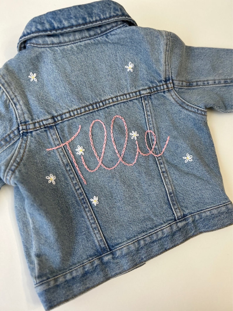 Custom hand embroidered hand lettered denim jacket toddler, kid and adult sizes image 4