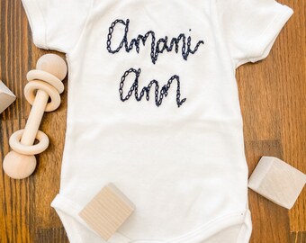 Hand Stitched Embroidered Name Onesie