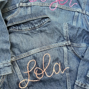 Custom hand embroidered hand lettered denim jacket toddler, kid and adult sizes image 3