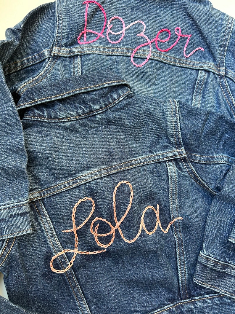 Custom hand embroidered hand lettered denim jacket toddler, kid and adult sizes image 3