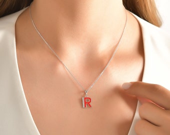 18K White Gold 0.05 Ct Diamond Letter R Necklace, Name Necklace, Custom Gold Name Necklace, Gold Pendant, Gift for Boyfriend, Unisex Jewelry