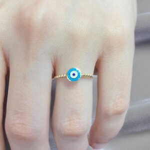 14K Gold Dainty Evil Eye Ring with Ball Detail, Real Gold Evil Eye Ring, Unique Evil Eye Band Ring, Dainty Ring, Good Luck Stackable Ring