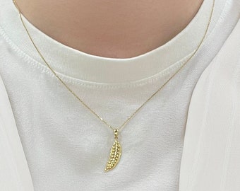 14K Gold Feather Necklace, Gold Leaf Charm, Indian Jewelry, Everyday Necklace, Dainty Gold Necklace, Feather Pendant,  Leaf Charm Necklace