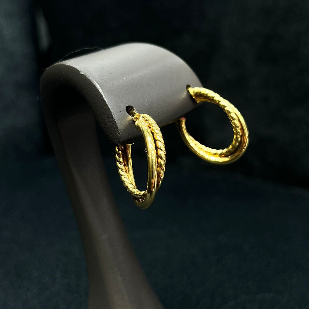 14k Gold Double Row Earrings, Twisted & Plain Round Earrings, Dangle ...