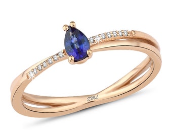 8K White Gold 0.25 Ct Diamond Blue Sapphire Ring, Anniversary Gift, Engagement Rings, Handmade Jewelry, Elegant Diamond Ring, Charm Jewelry