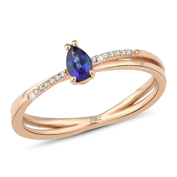 8K White Gold 0.25 Ct Diamond Blue Sapphire Ring, Anniversary Gift, Engagement Rings, Handmade Jewelry, Elegant Diamond Ring, Charm Jewelry